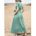 Solid Pocket Sash Short Sleeve Cotton Casual Maxi Dress