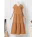 Solid Lettuce Edge V  neck Short Sleeve Swing Maxi Dress