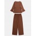 Women Solid Color Ruffle Hem Long Sleeve Top Loose Pants Casual Two  Piece Sets